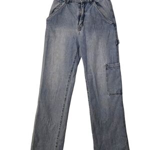 H&M Cargo Jeans Denim Blue Acid Wash Wide Leg High Rise Waisted Pockets y2k sz 4